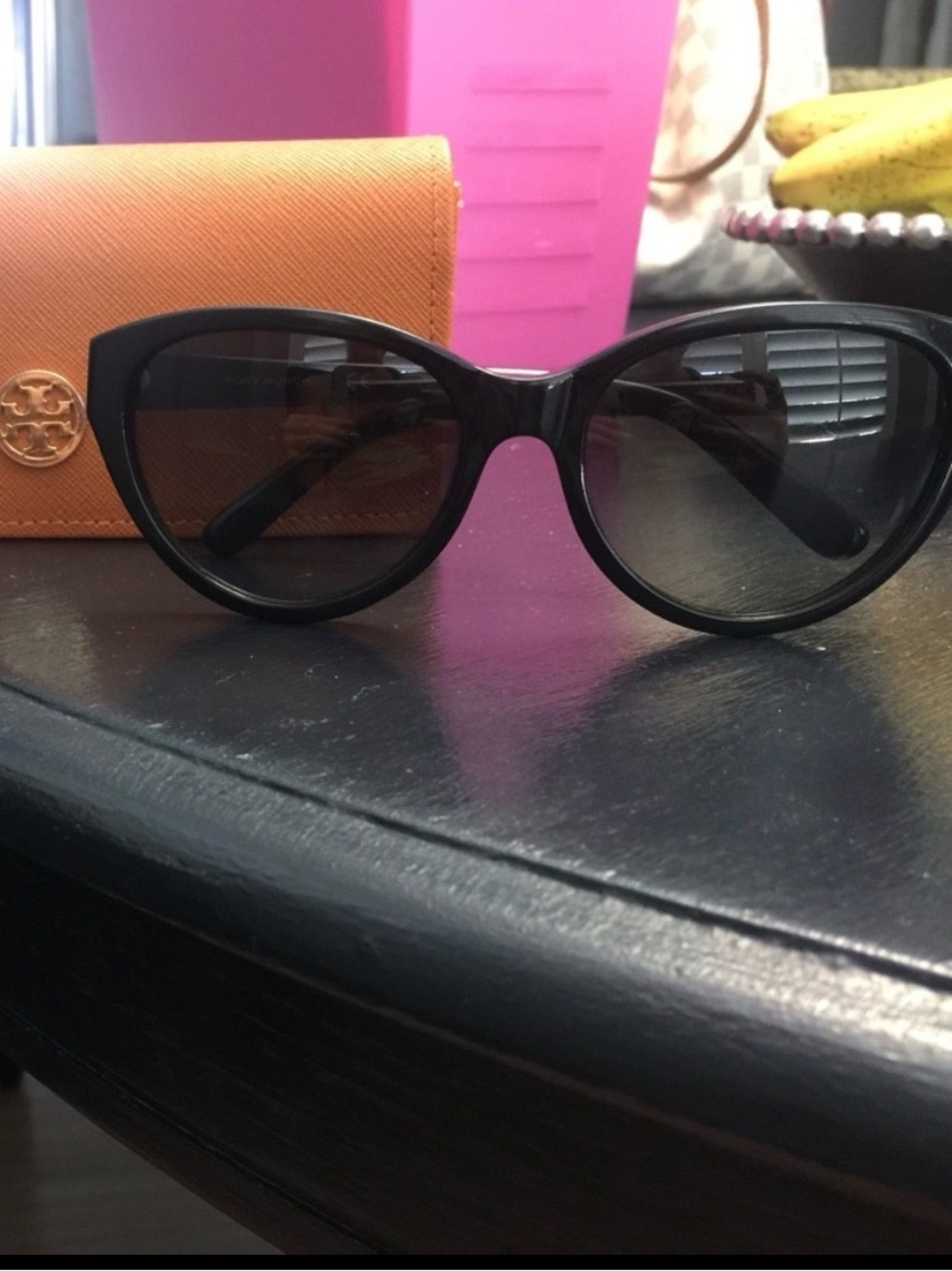 Tory Burch Black Cat-Eye Sunglasses with Orange Case - Picture 2 of 3